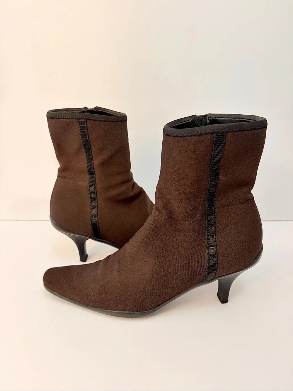 Vintage PRADA Brown Technical Nylon Kitten-Heel Ankle Boots (Sz. 38) US 8